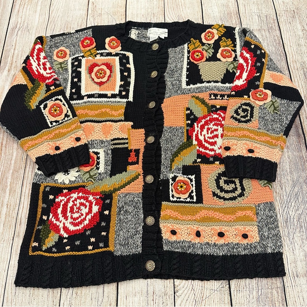 Vtg Floral Patchwork Cardigan Sweater Small Cottagecore 90s Chunky Knit Ramie - Picture 1 of 6